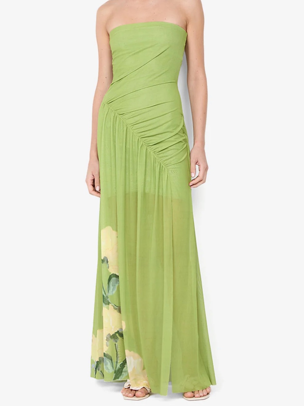 Bec & Bridge Strapless Green Ruched Maxi Dress with Floral Hem